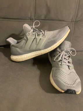 adidas Ultra Boost Light Gray Knit Running Sneakers with Cream Boost Midsole